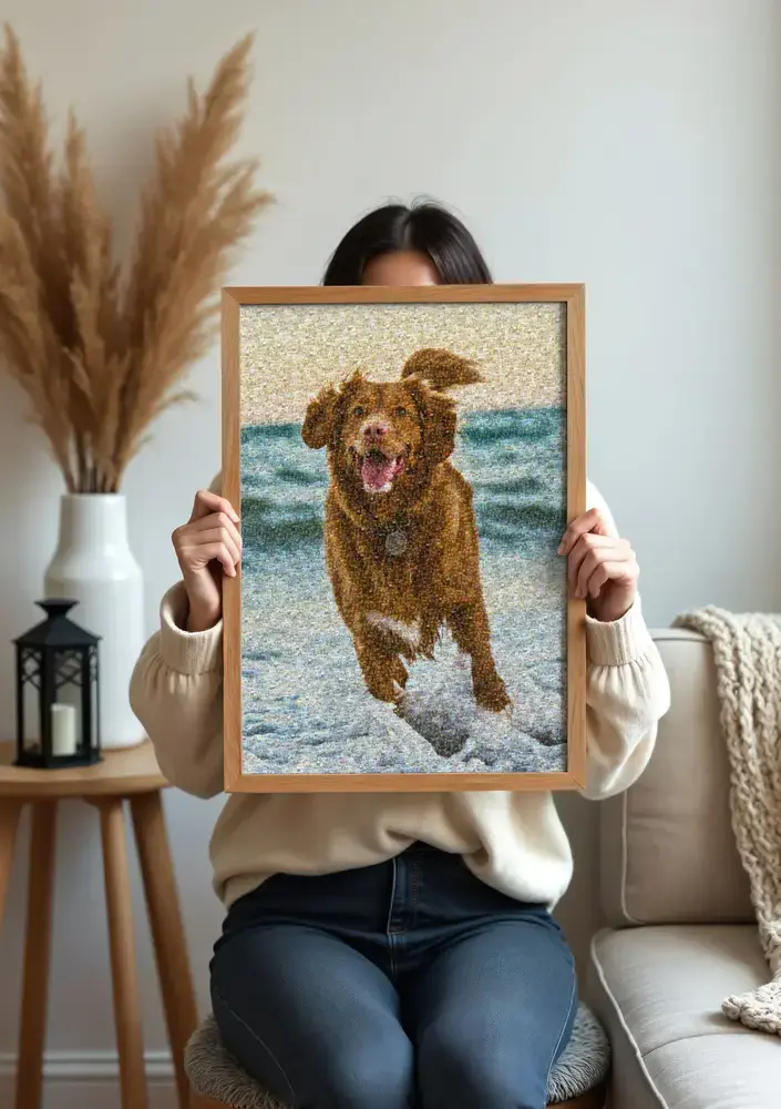 Fotomozaïek van een bruine hond aan het water in een naturel houten lijst, voor een bank in de woonkamer