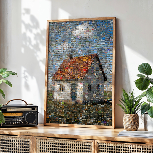 Maak online jouw fotomozaïek van bouwfoto's van je huis – beeld uit veel foto's