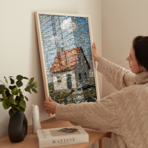 Maak online jouw fotomozaïek van bouwfoto's van je huis – beeld uit veel foto's