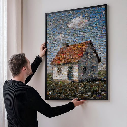 Maak online jouw fotomozaïek van bouwfoto's van je huis – beeld uit veel foto's